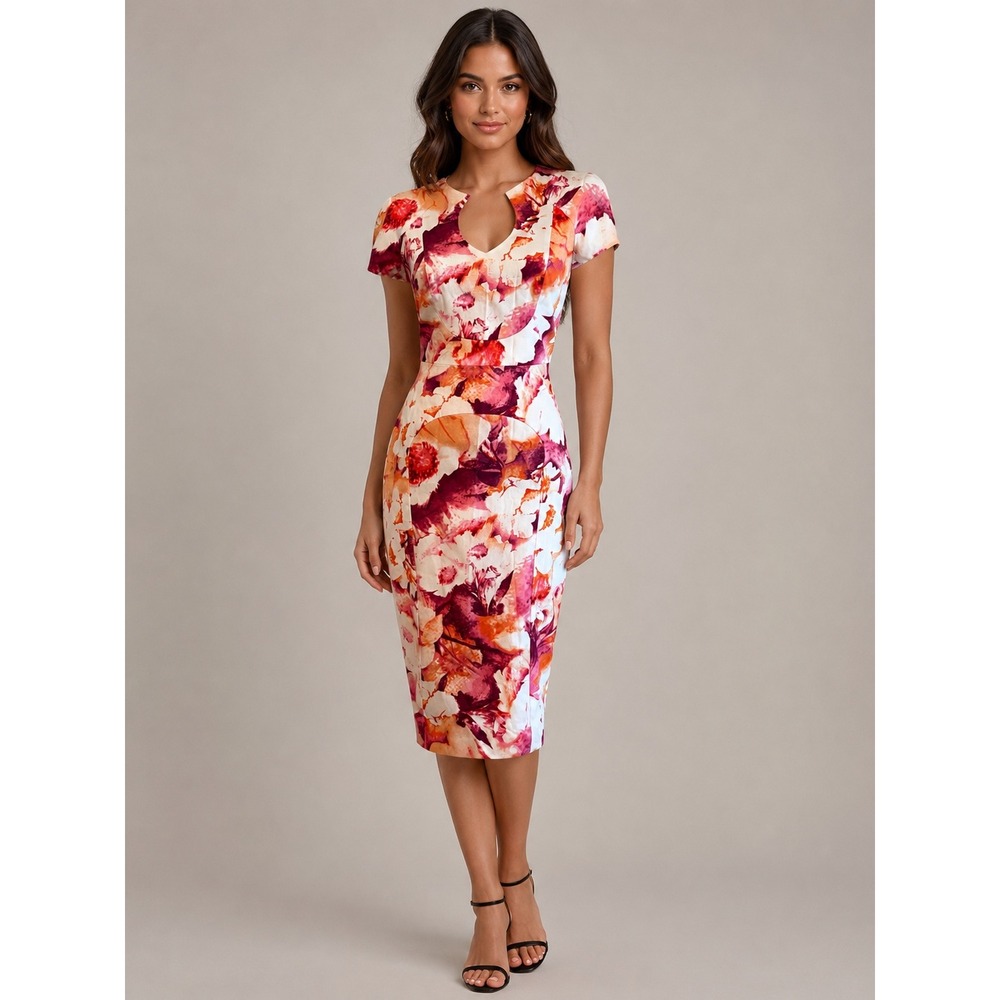 Black Halo Gypsy Rose Floral Sheath Dress Pink Cream Cocktail Midi Size 2